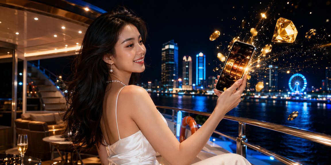 Game thủ Đà Nẵng chơi slot game trên điện thoại gần bãi biển buổi tối